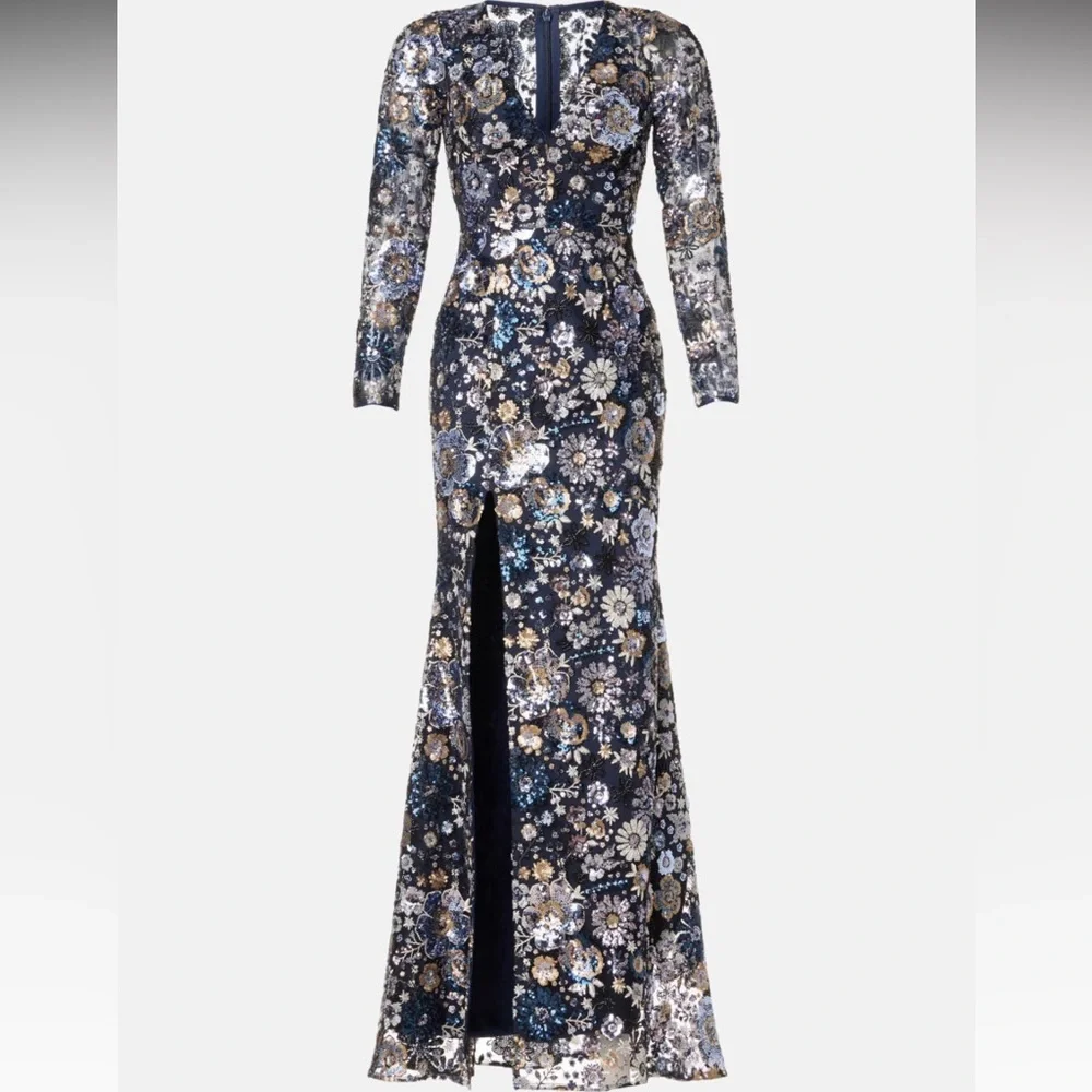 Dress the Population Navy Floral Sequin Long Sleeve Gown - Picture 2 of 11